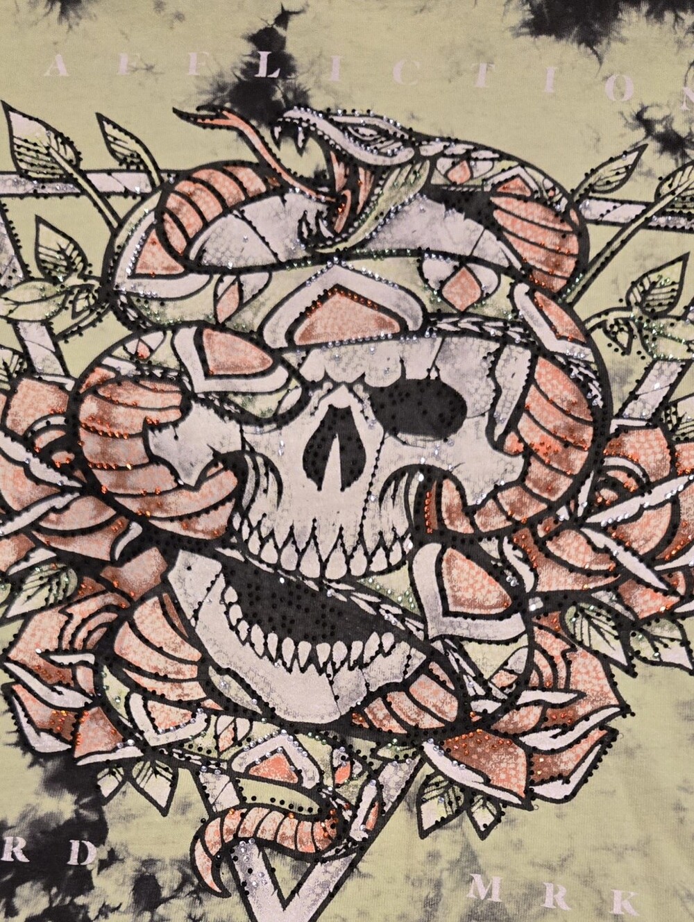Affliction Rhinestone Skull & Snake Tee - Pink, Black, Cream